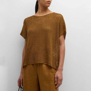 Eileen Fisher bateau neck cap sleeve linen sweater bronze brown medium New NWT